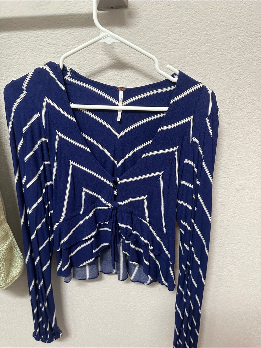 Free People Navy Blue White Striped V-Neck Button Front Top